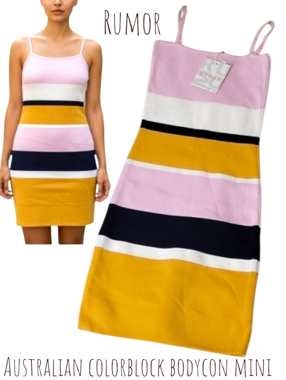 Rumor Women's Striped bodycon mini dress pink white black yellow Colorblock XS